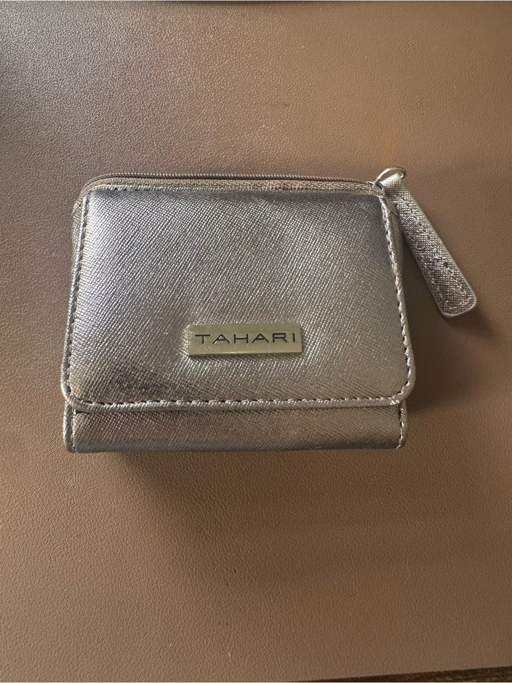 Tahari Metallic Silver Mini Zip Wallet